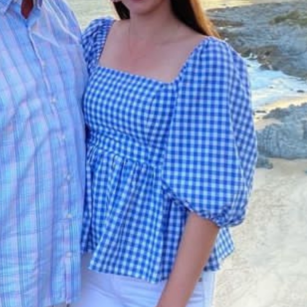Blue and White Gingham Top Puff Sleeves